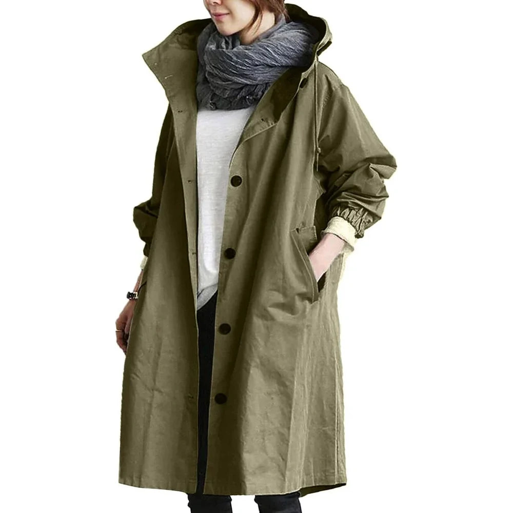Women's Long Hooded Rain Coat with Button Closure