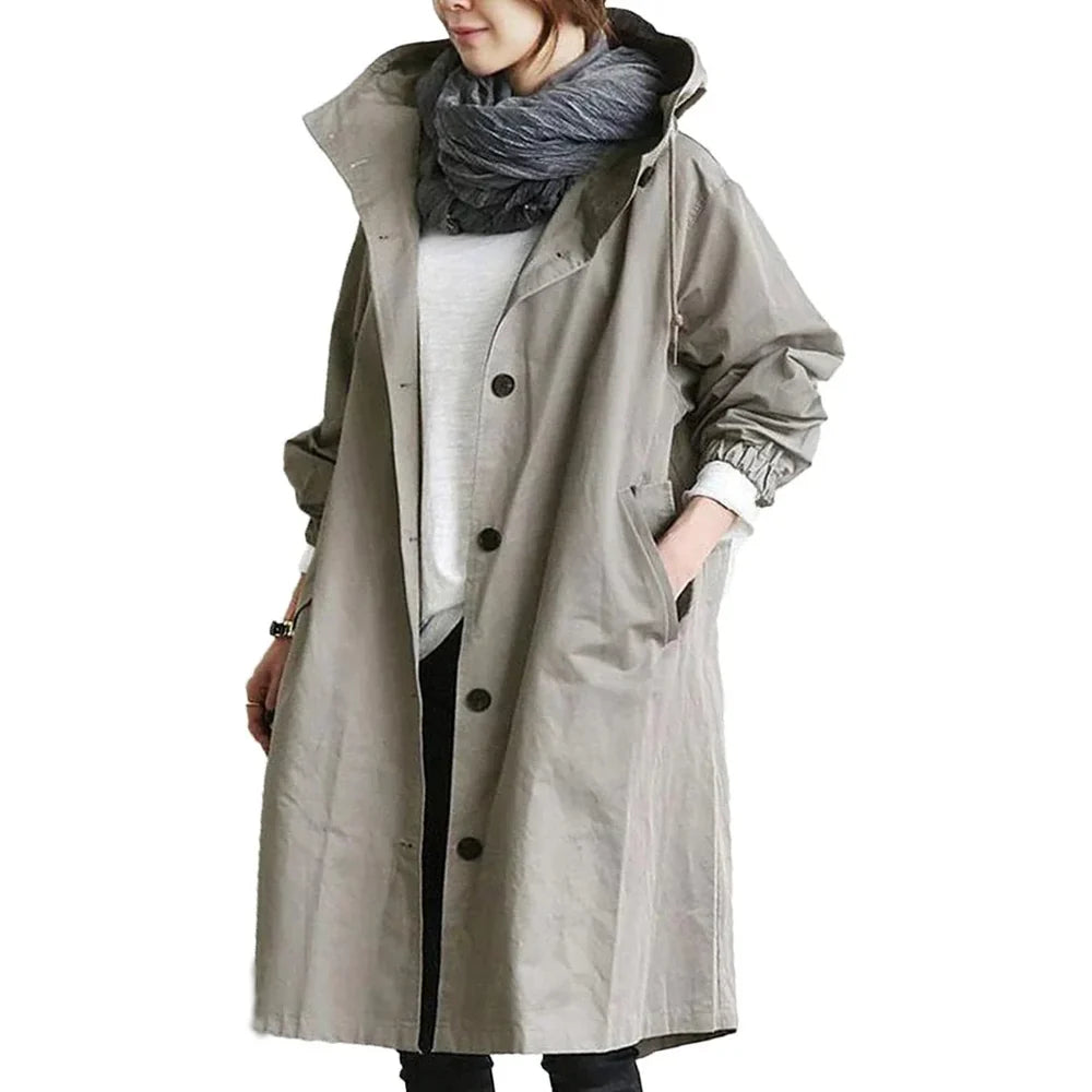 Women's Long Hooded Rain Coat with Button Closure