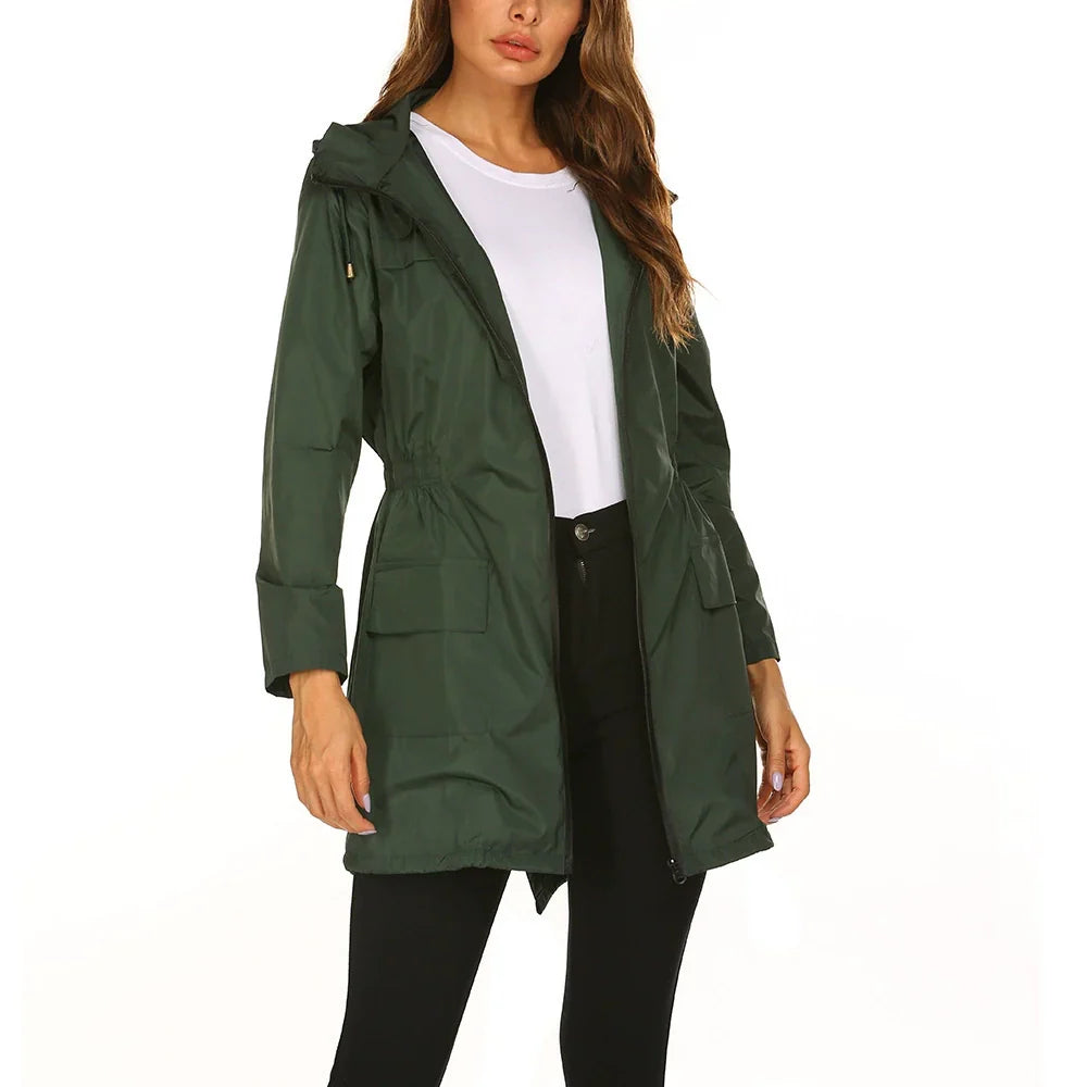 Women's Long Hooded Rain Jacket with Zip Closure and Flap Pockets