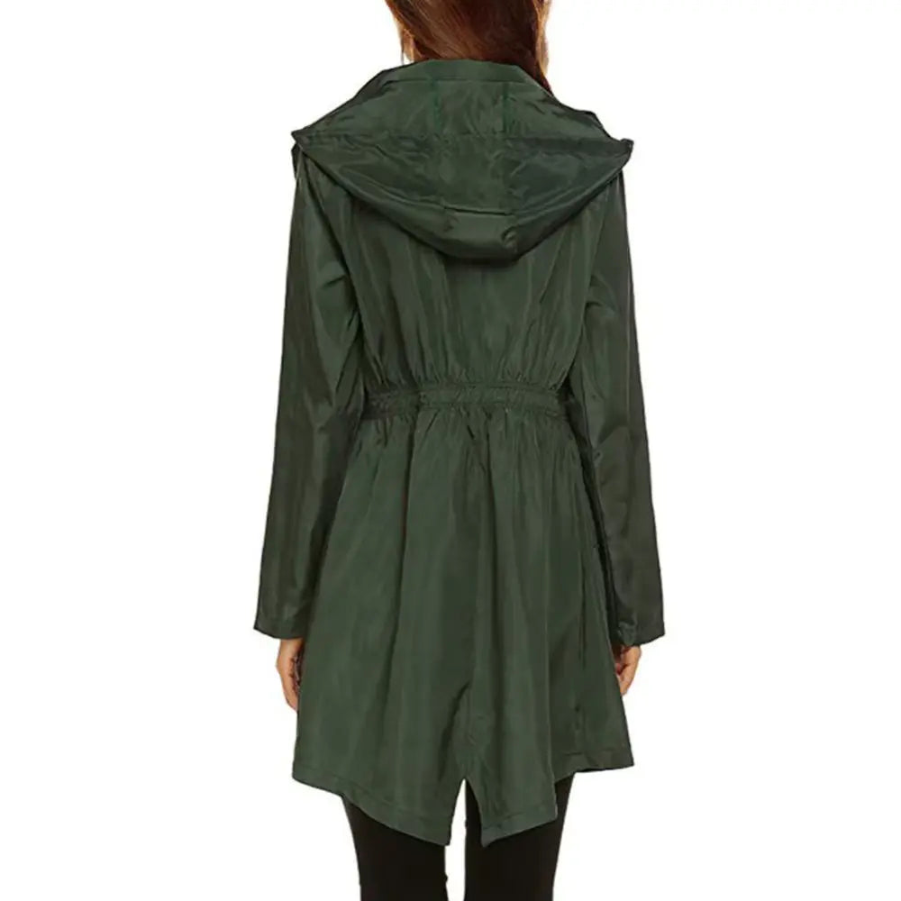 Women's Long Hooded Rain Jacket with Zip Closure and Flap Pockets