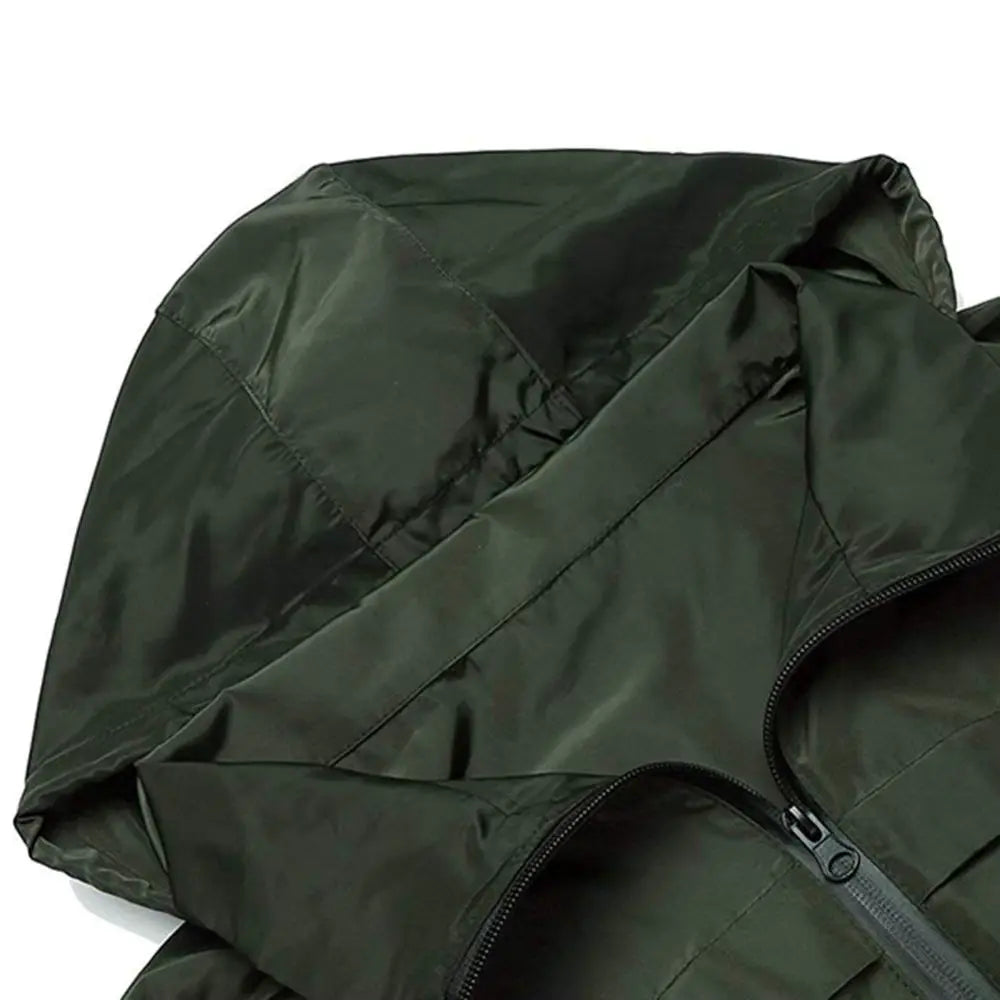 Women's Long Hooded Rain Jacket with Zip Closure and Flap Pockets