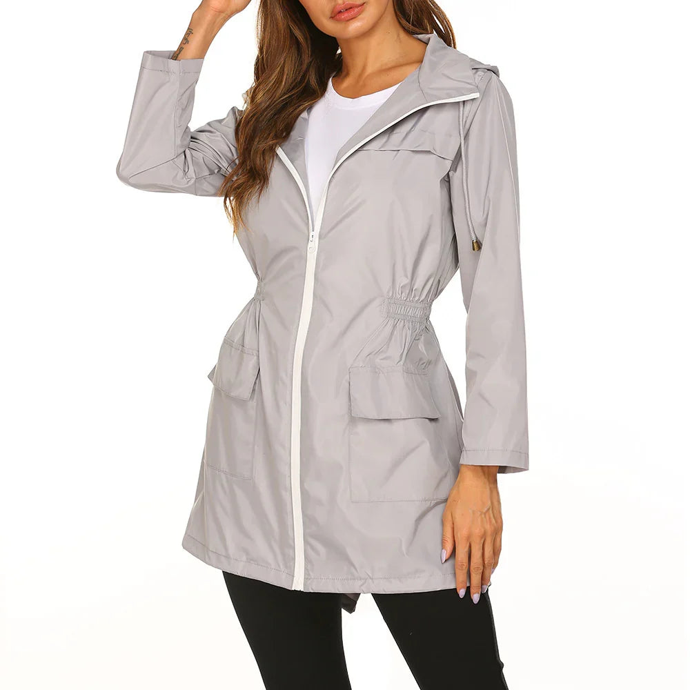 Women's Long Hooded Rain Jacket with Zip Closure and Flap Pockets