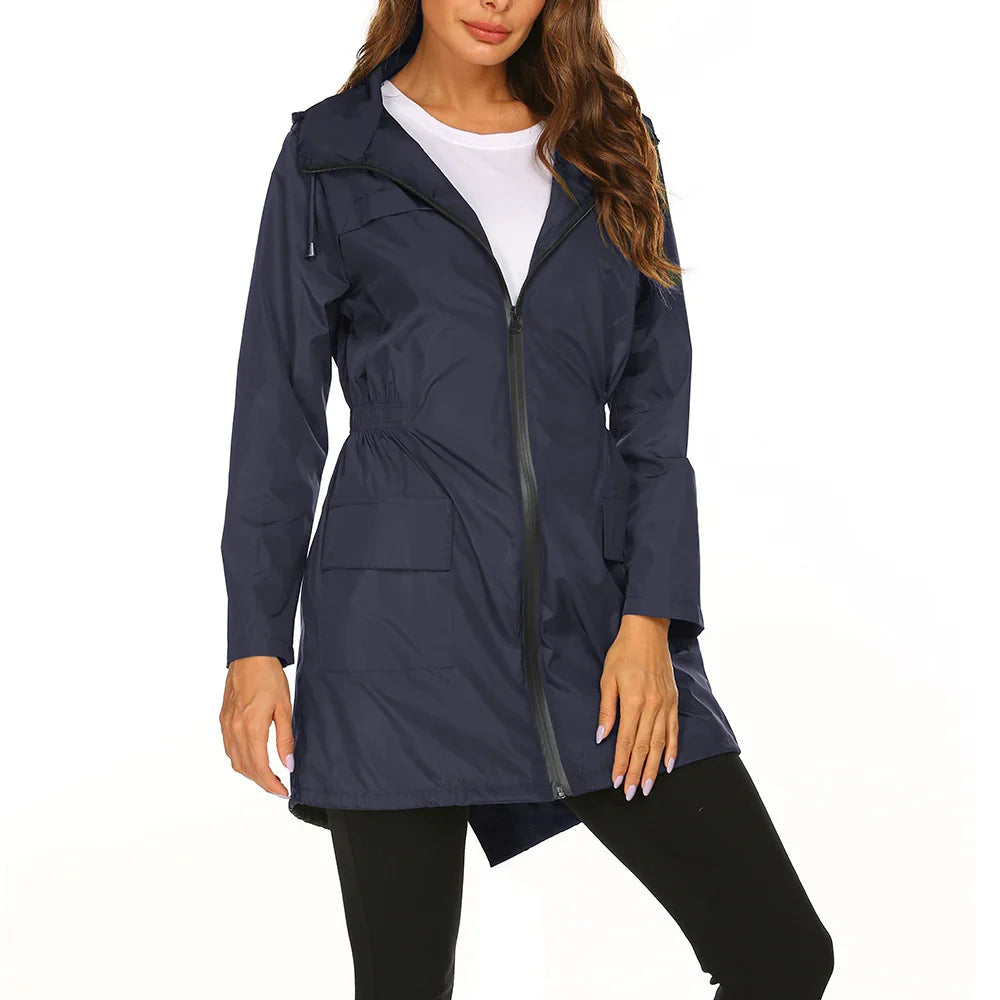 Women's Long Hooded Rain Jacket with Zip Closure and Flap Pockets
