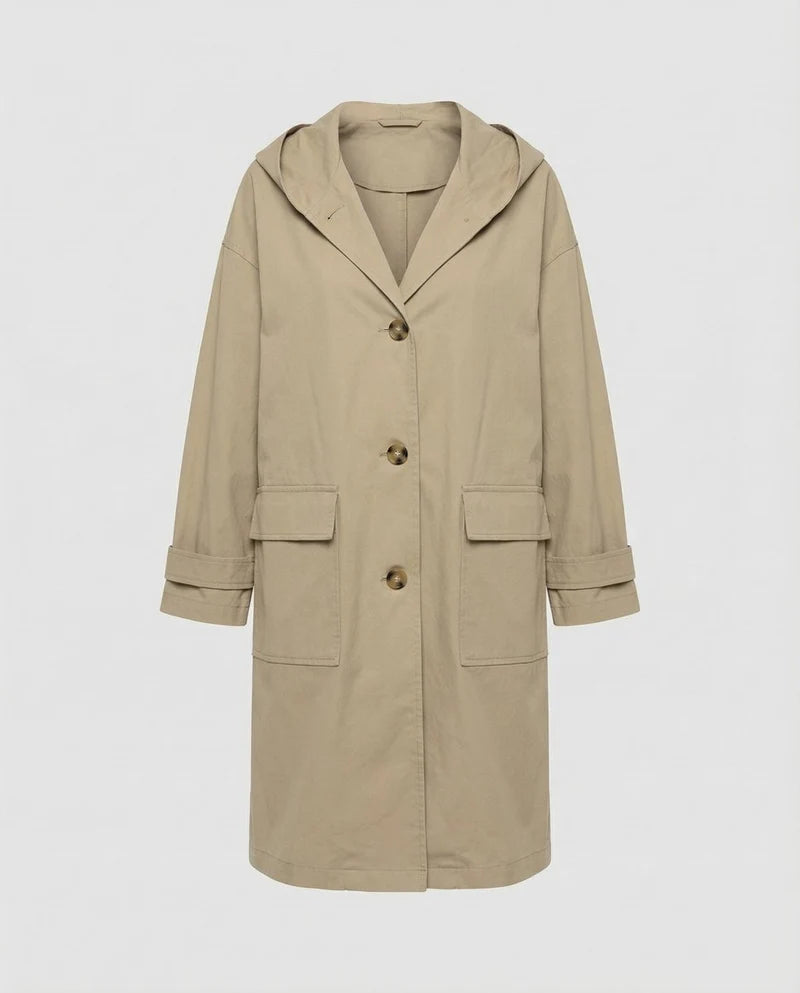 Women's Long Hooded Trench Coat with Button Closure and Flap Pockets