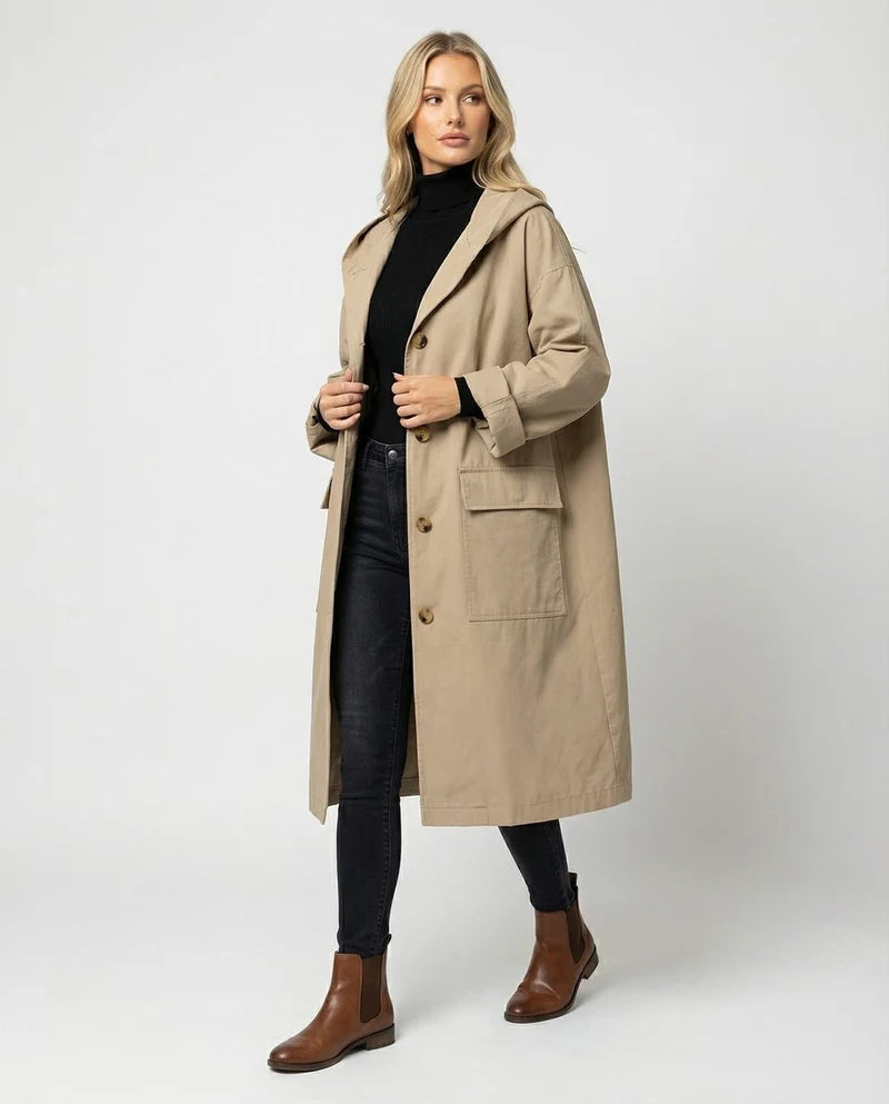 Women's Long Hooded Trench Coat with Button Closure and Flap Pockets
