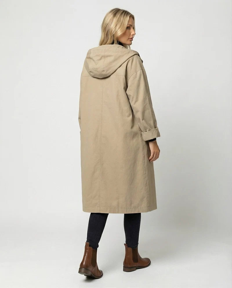 Women's Long Hooded Trench Coat with Button Closure and Flap Pockets