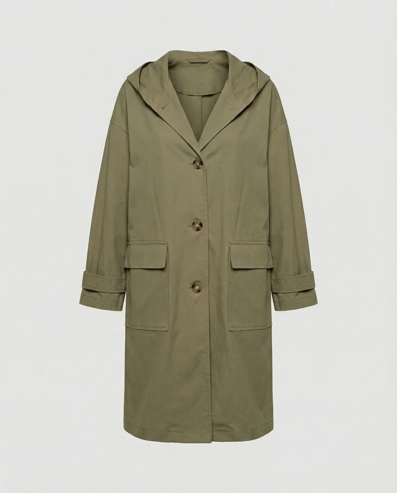 Women's Long Hooded Trench Coat with Button Closure and Flap Pockets