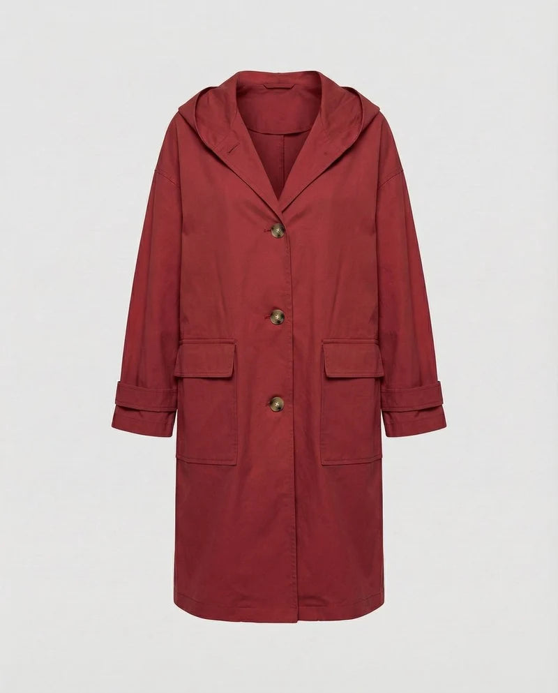 Women's Long Hooded Trench Coat with Button Closure and Flap Pockets