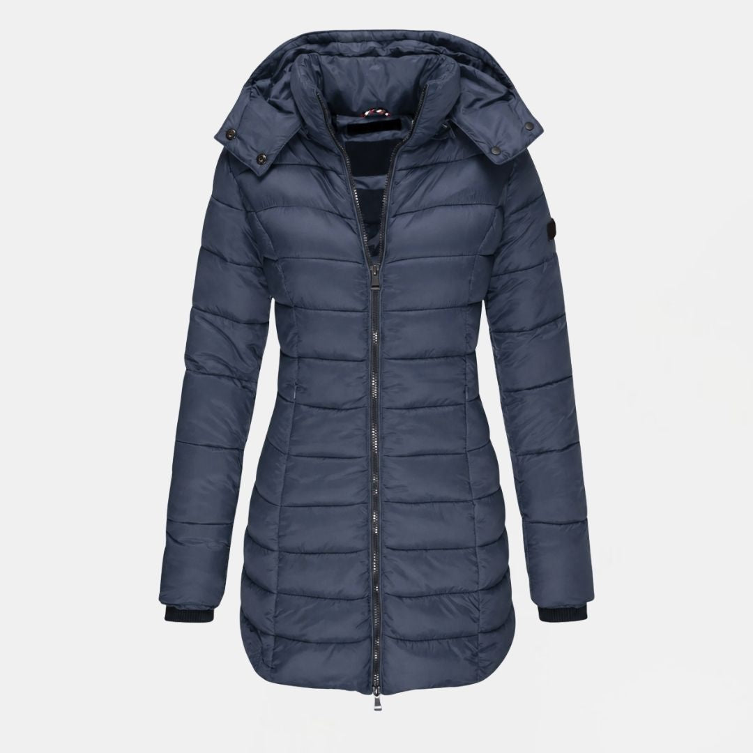 Women's Long Quilted Hooded Winter Jacket with Zip Closure