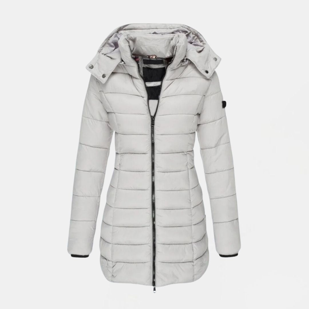 Women's Long Quilted Hooded Winter Jacket with Zip Closure