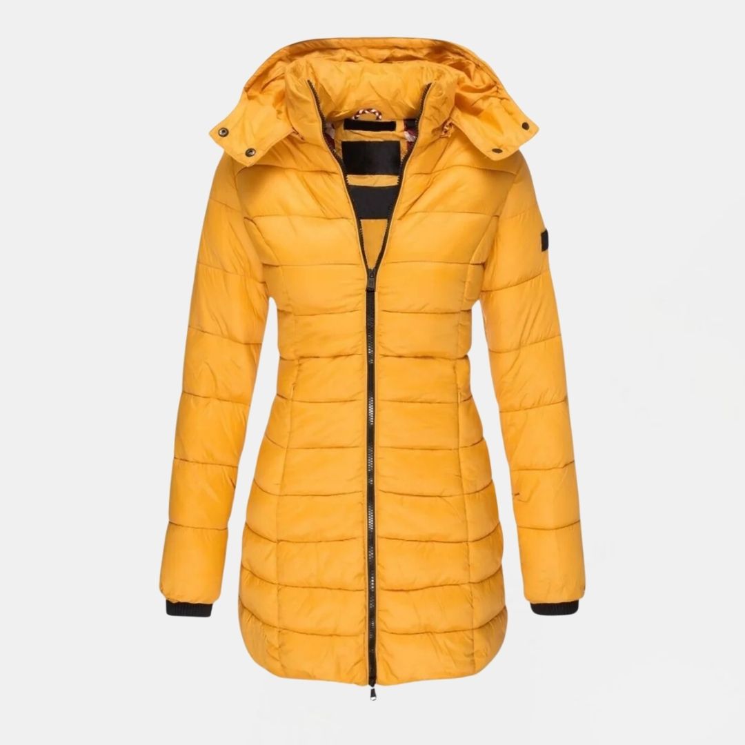 Women's Long Quilted Hooded Winter Jacket with Zip Closure