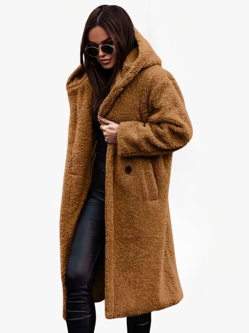 Women's Long Teddy Coat with Hood and Button Closure