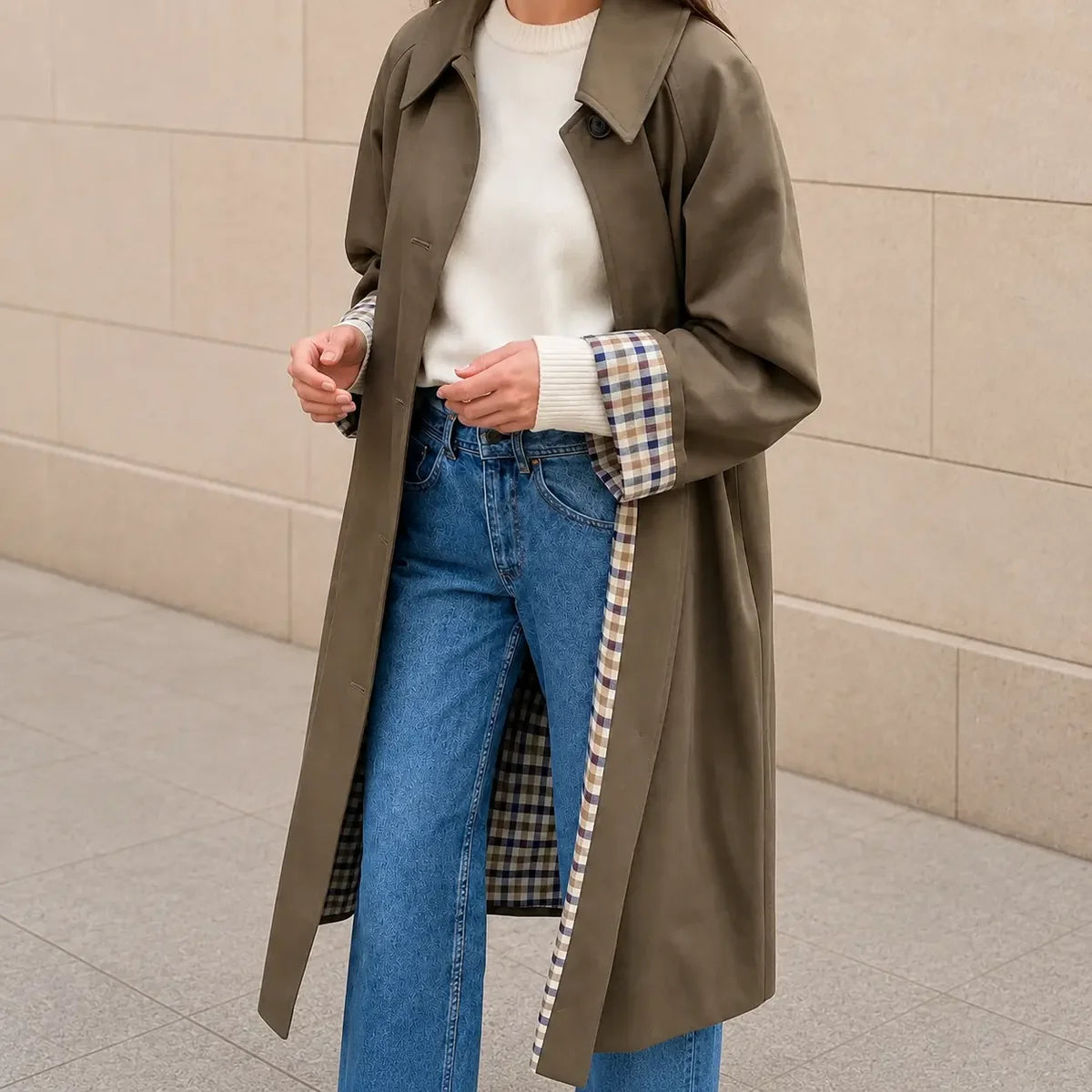 Women's Long Trench Coat with Check Lining and Lapel Collar