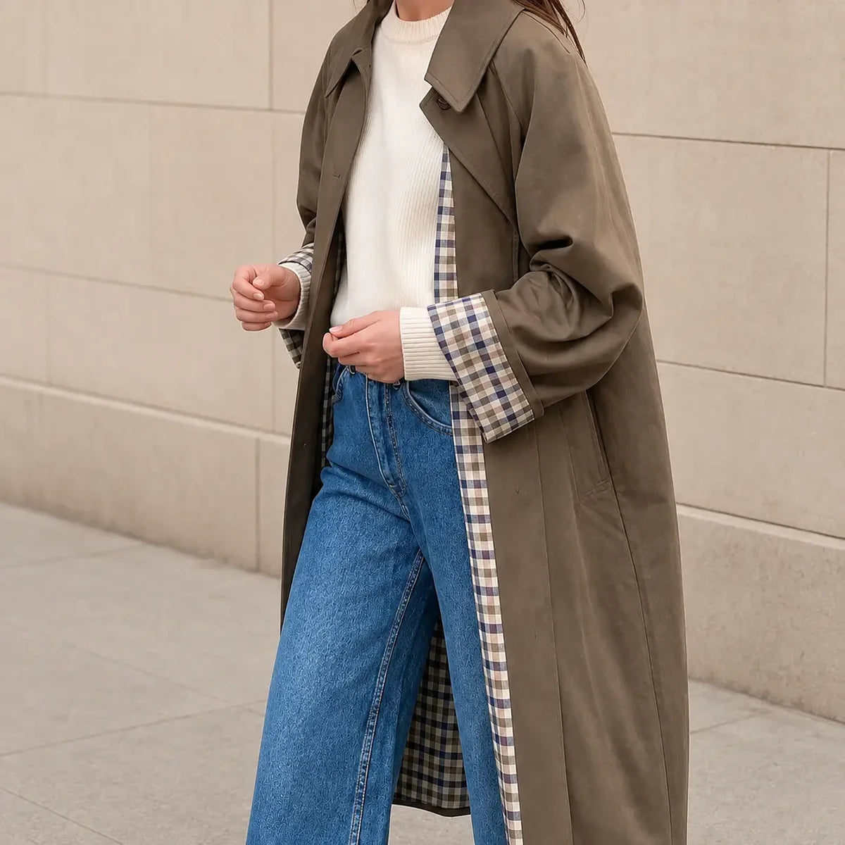 Women's Long Trench Coat with Check Lining and Lapel Collar