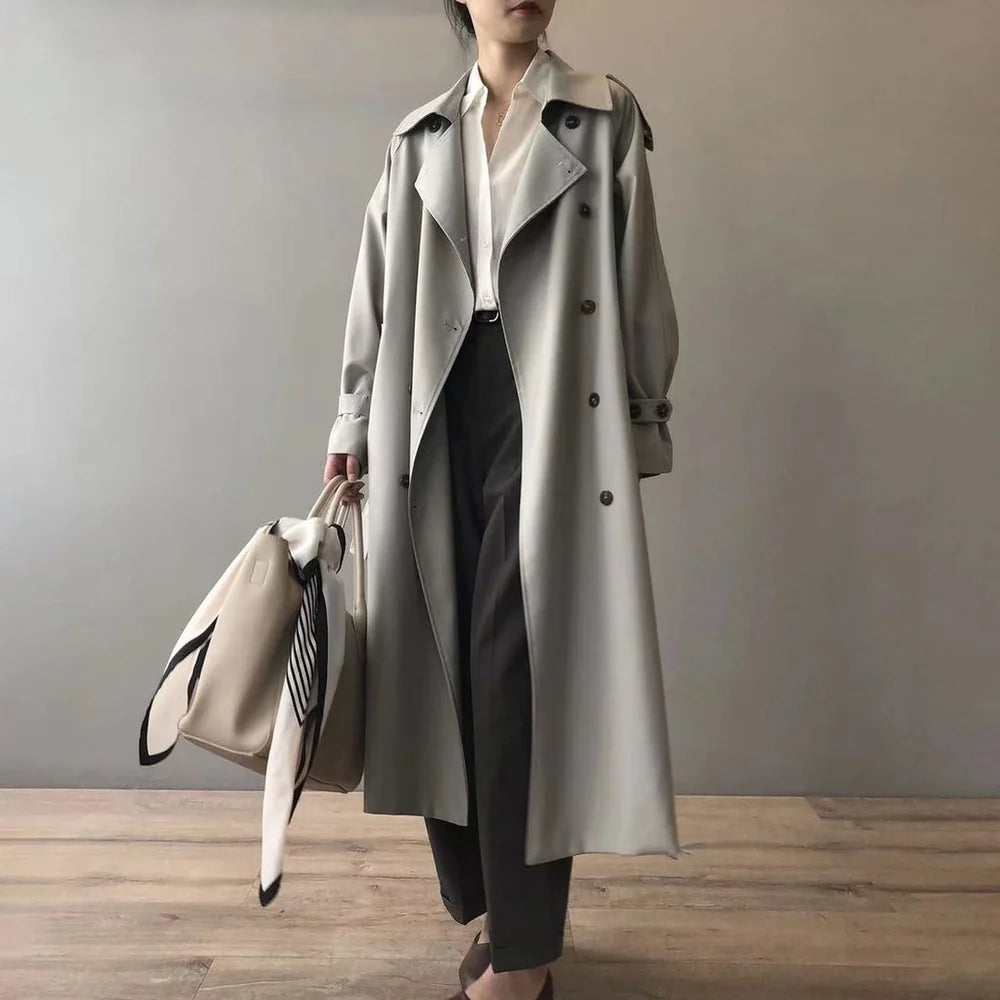 Women's Long Trench Coat with Lapel Collar and Shoulder Epaulettes