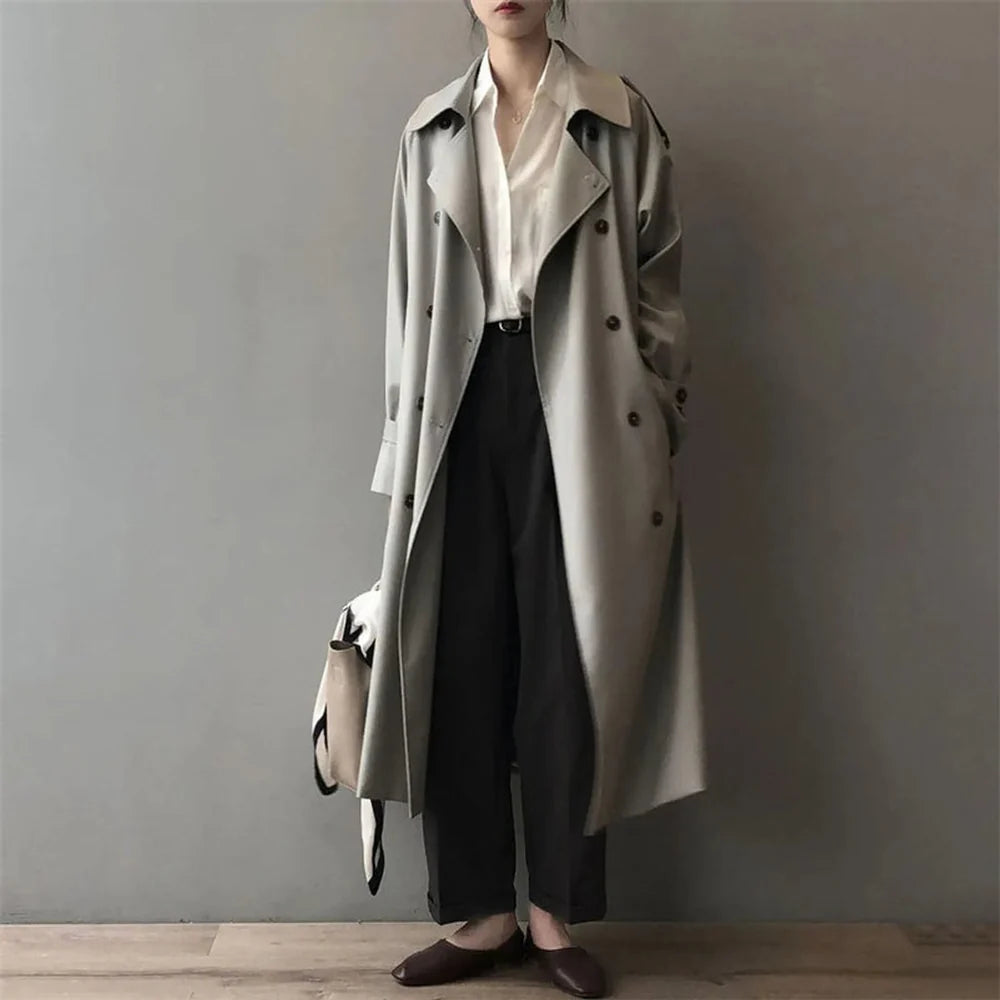Women's Long Trench Coat with Lapel Collar and Shoulder Epaulettes