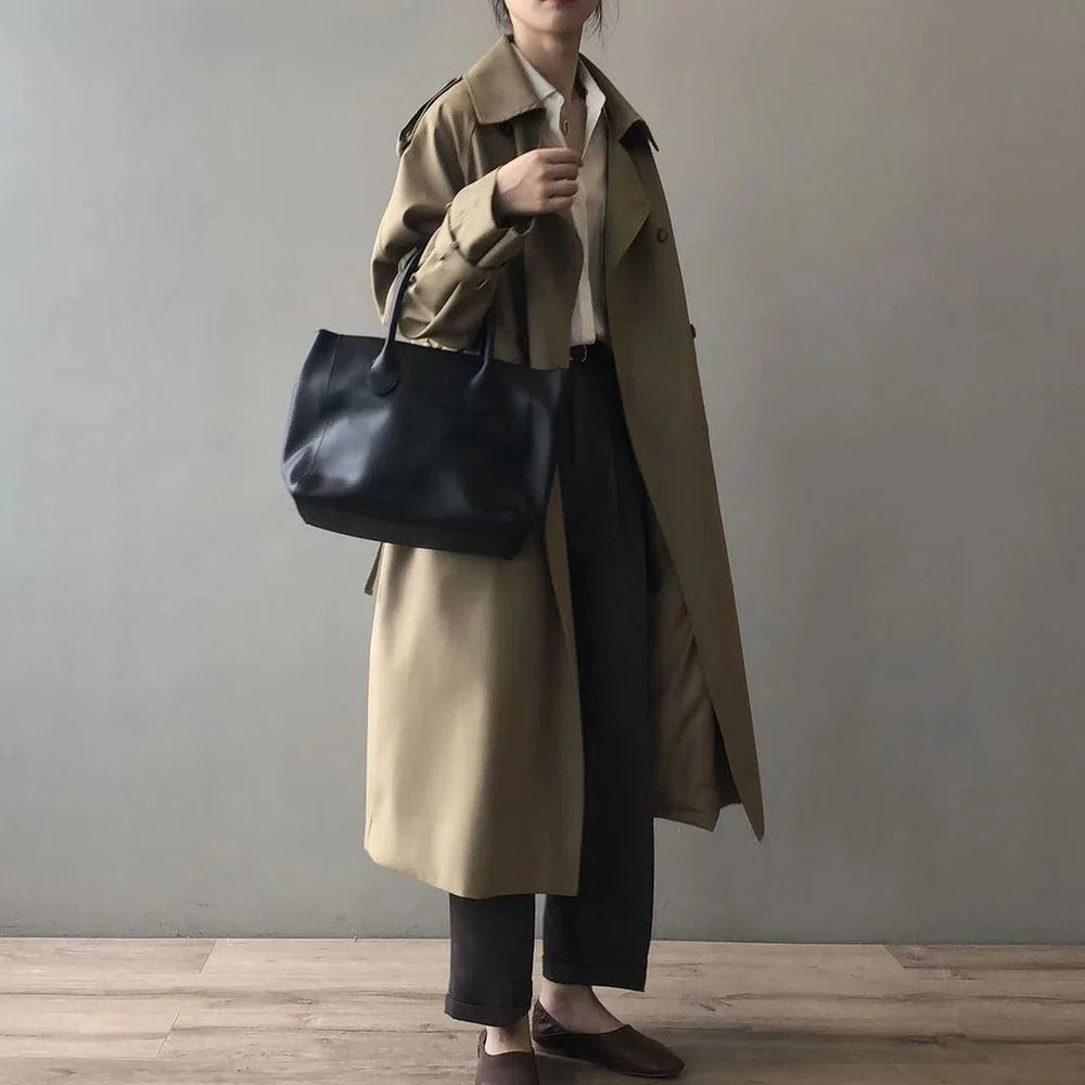Women's Long Trench Coat with Lapel Collar and Shoulder Epaulettes
