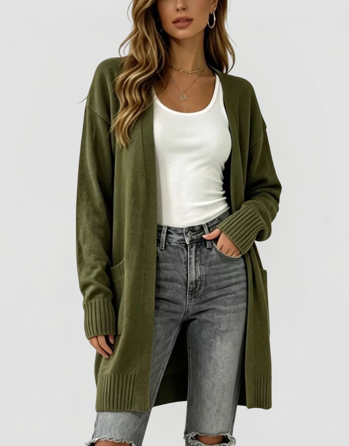 Women's Longline Knit Cardigan with Pockets and Open Front