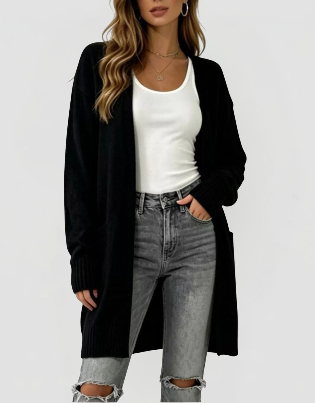 Women's Longline Knit Cardigan with Pockets and Open Front