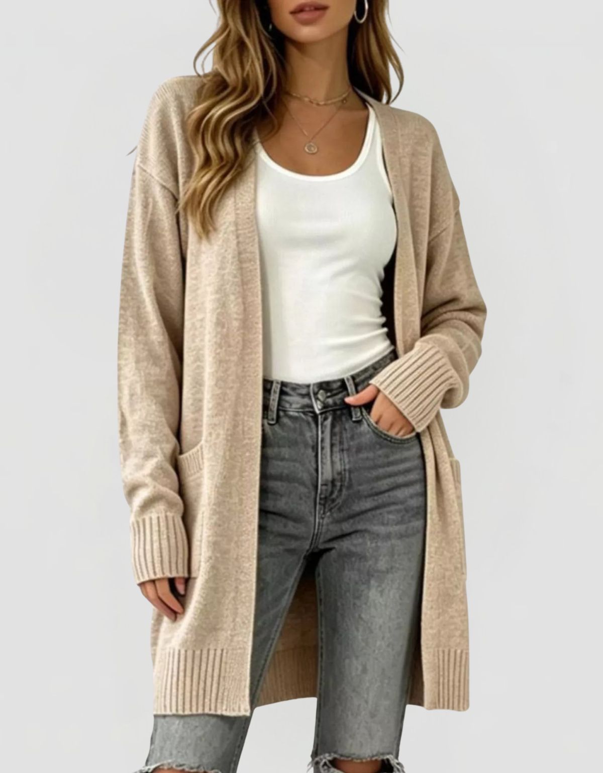 Women's Longline Knit Cardigan with Pockets and Open Front