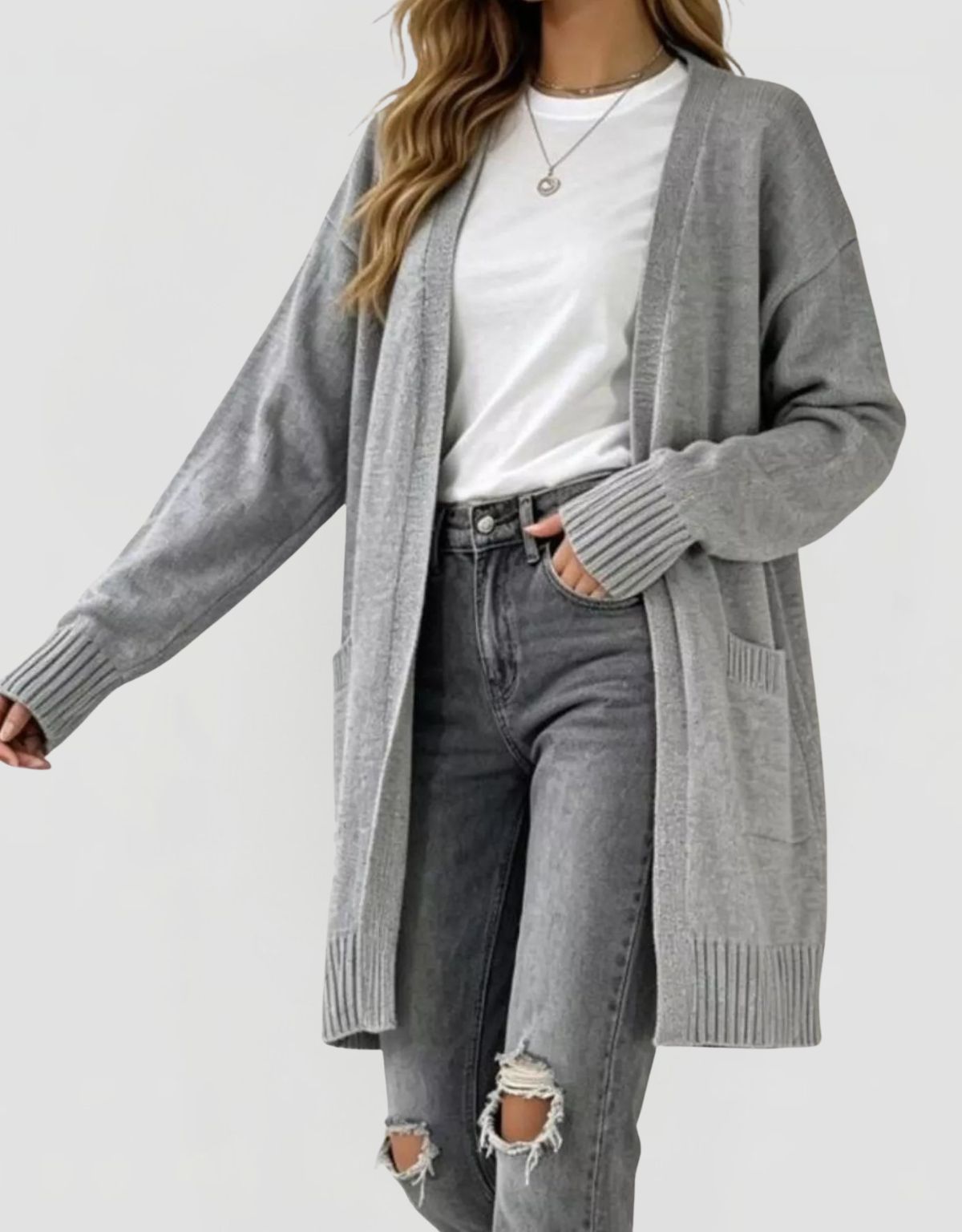 Women's Longline Knit Cardigan with Pockets and Open Front