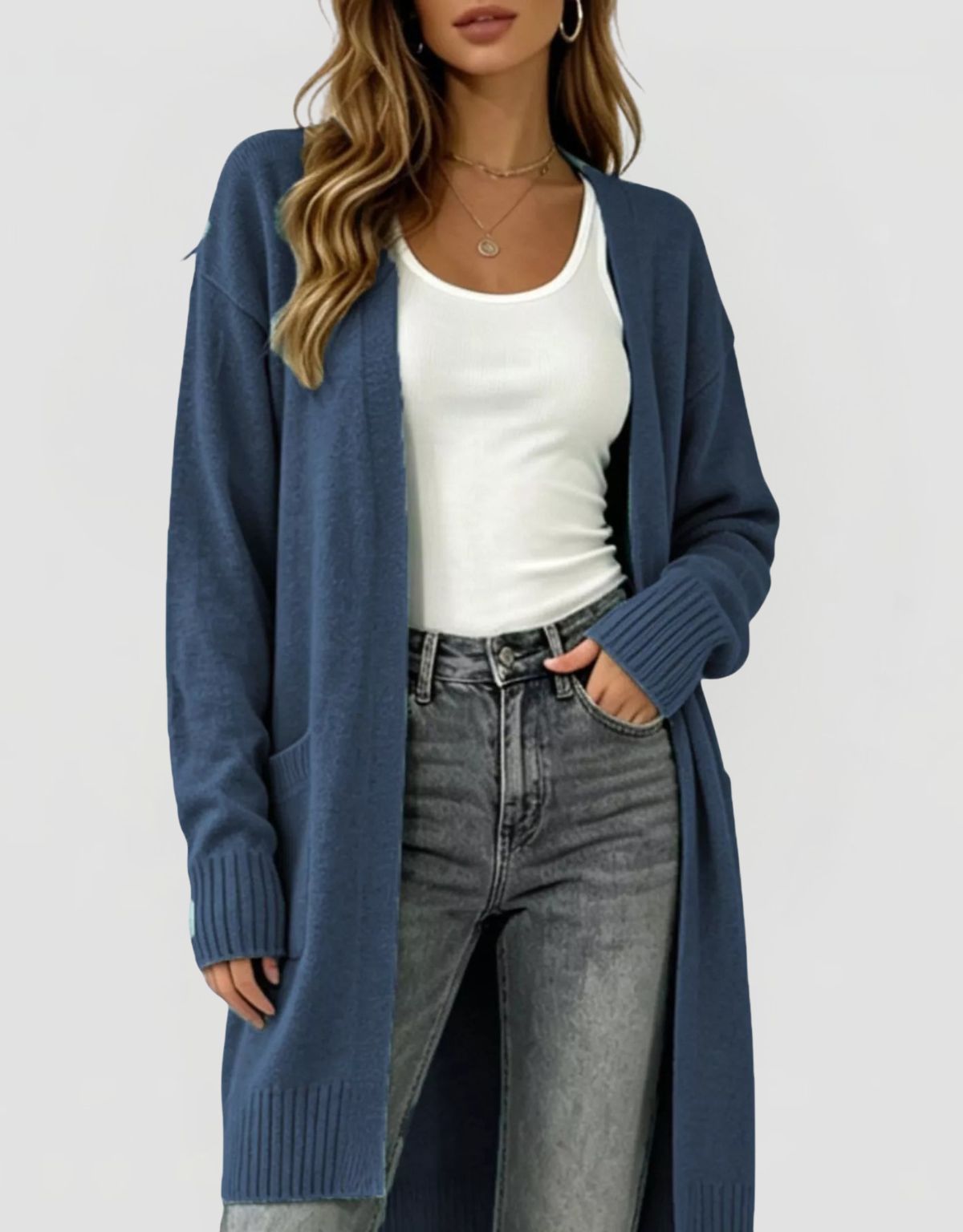 Women's Longline Knit Cardigan with Pockets and Open Front