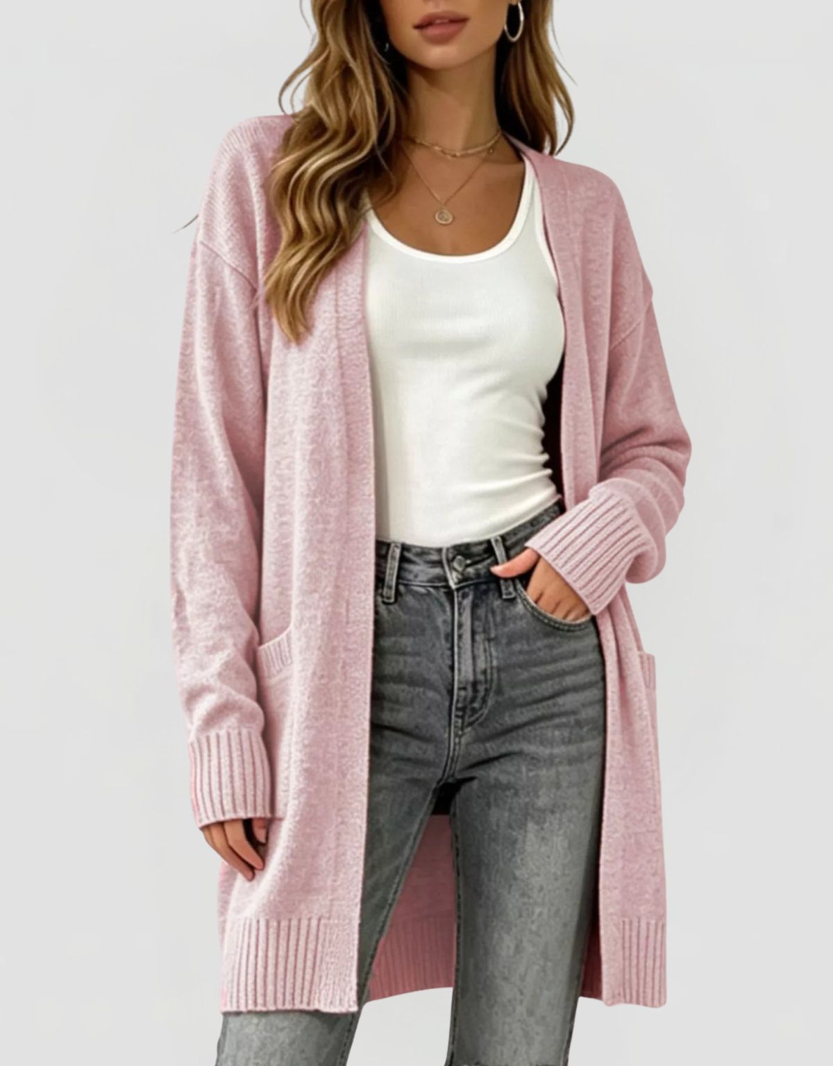 Women's Longline Knit Cardigan with Pockets and Open Front