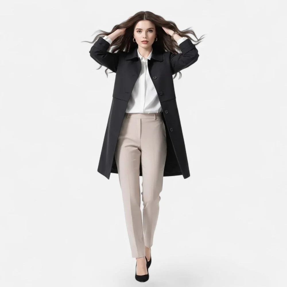 Women's Midi Coat with Lapel Collar and Button Closure