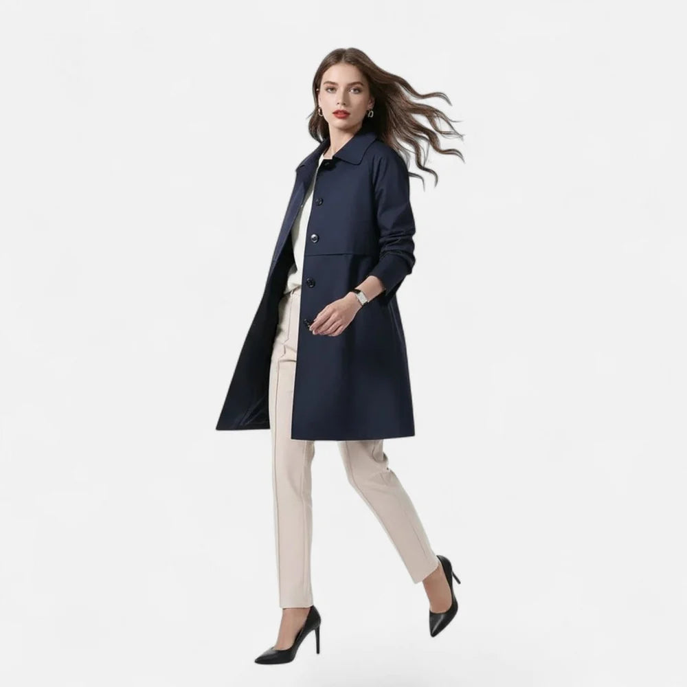 Women's Midi Coat with Lapel Collar and Button Closure