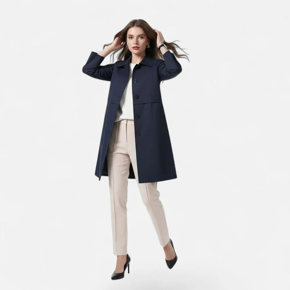 Women's Midi Coat with Lapel Collar and Button Closure