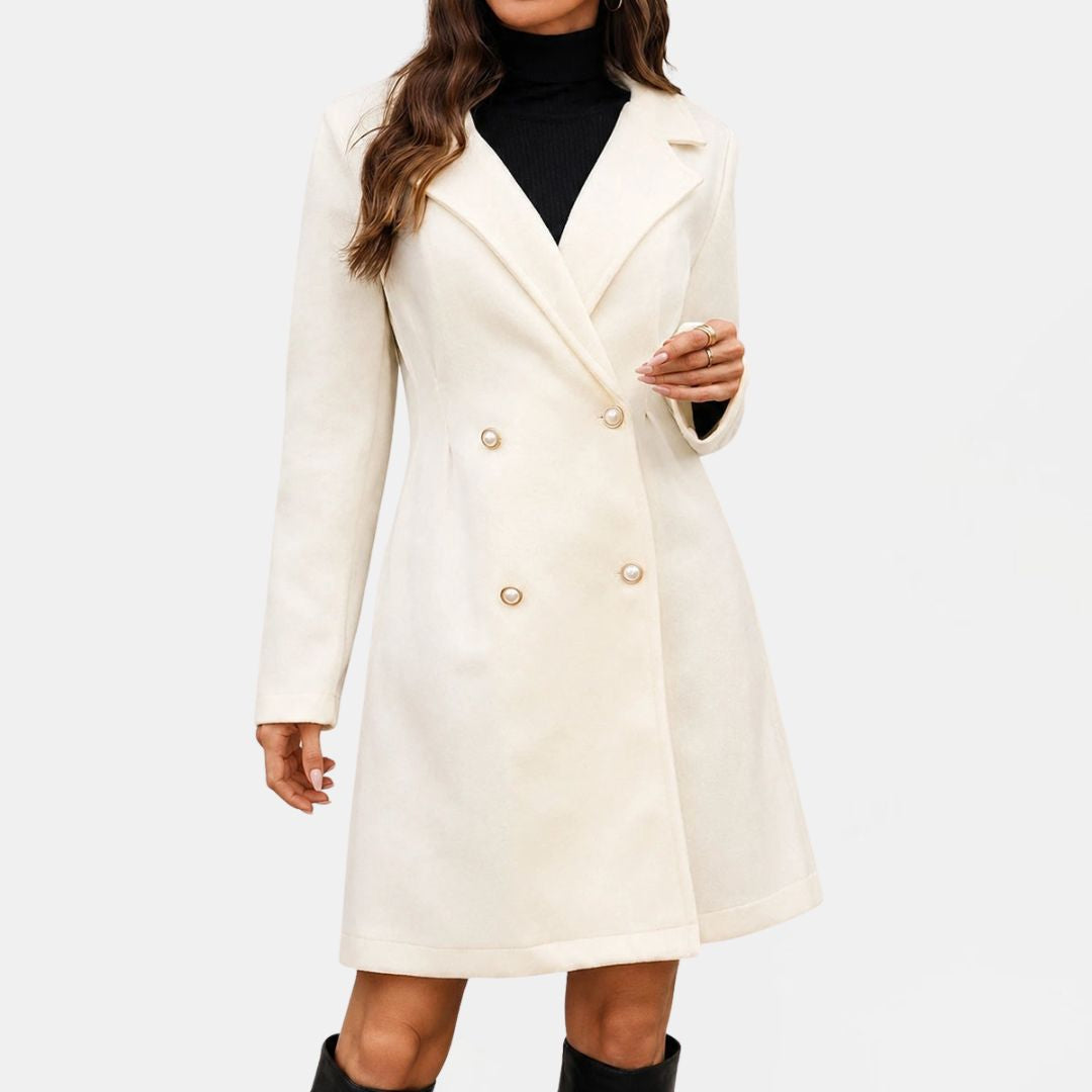 Women's Midi Coat with Lapel Collar and Flared Hem