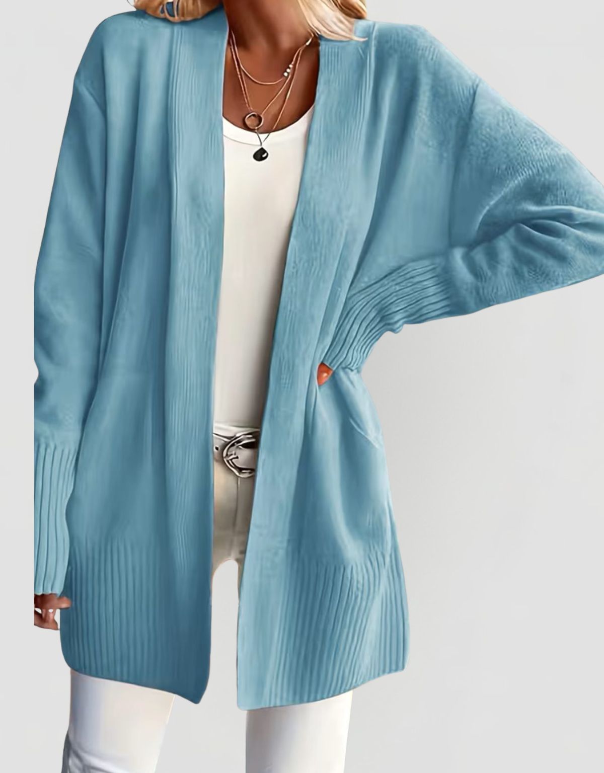 Women's Open Front Knit Cardigan with Ribbed Cuffs and Relaxed fit