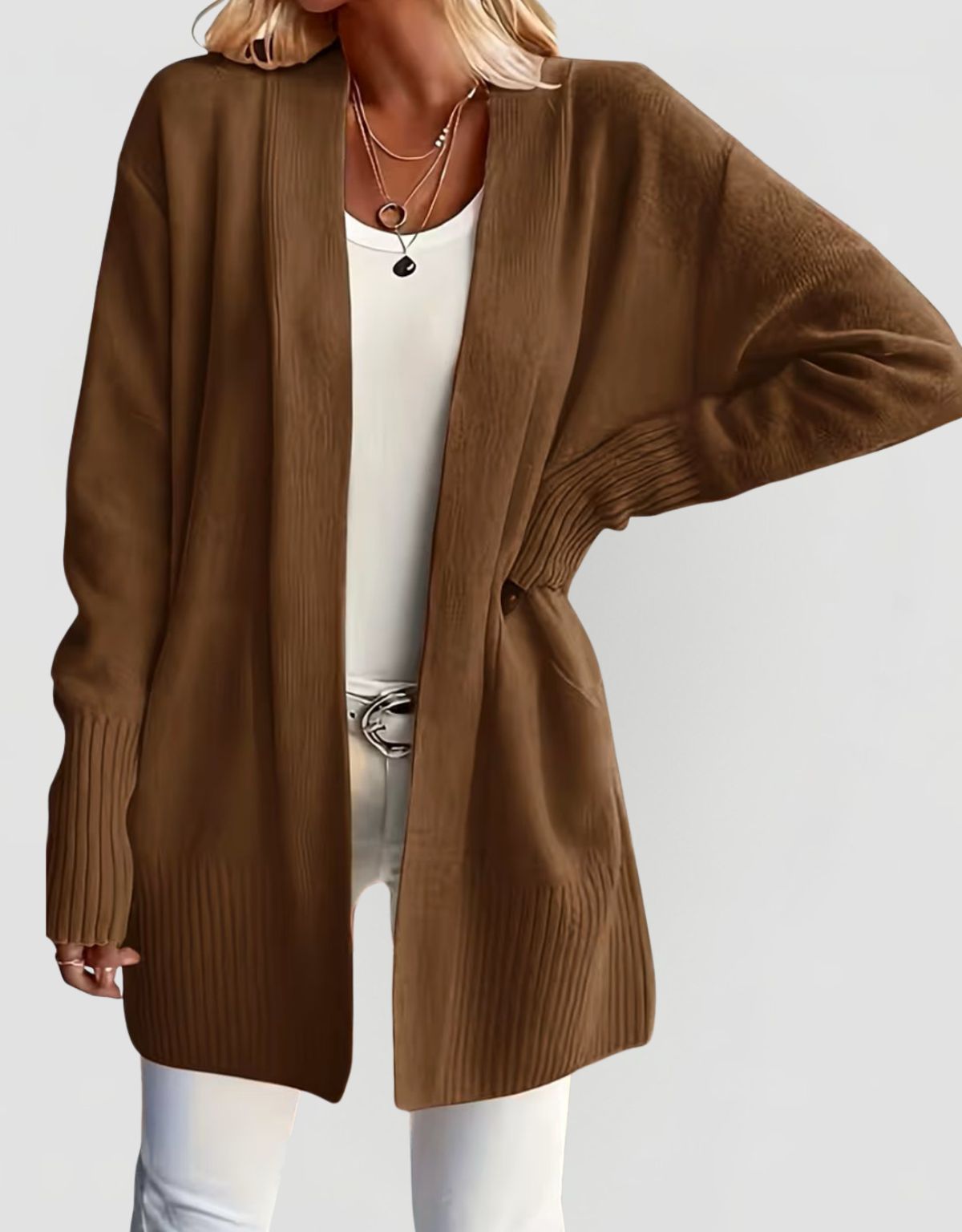Women's Open Front Knit Cardigan with Ribbed Cuffs and Relaxed fit