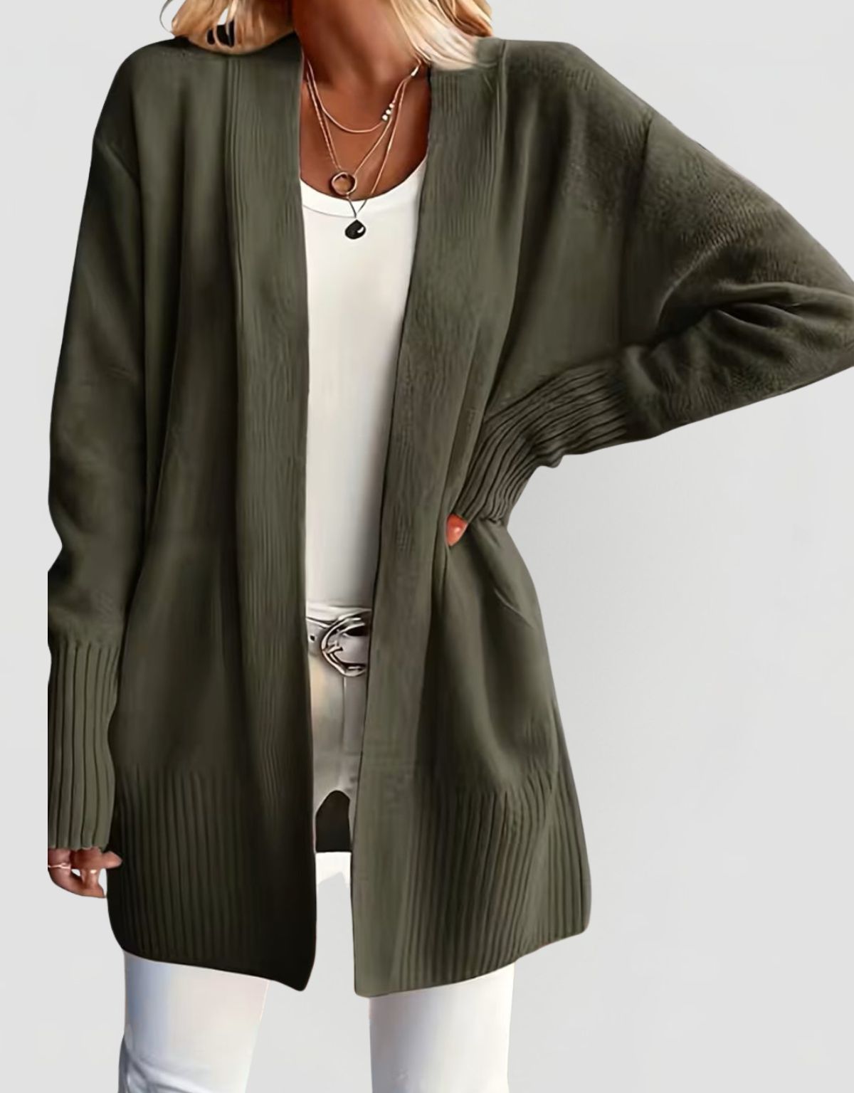 Women's Open Front Knit Cardigan with Ribbed Cuffs and Relaxed fit