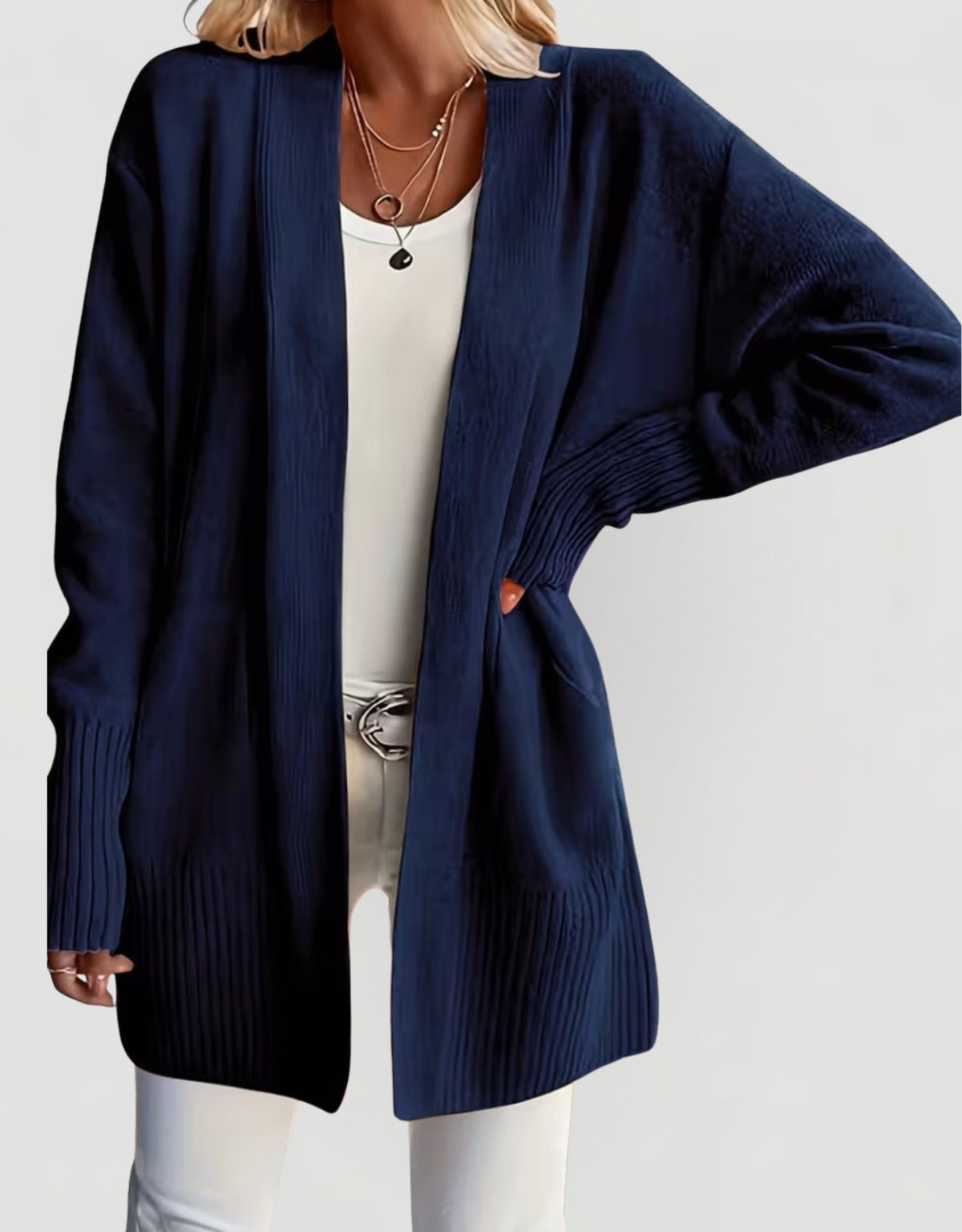 Women's Open Front Knit Cardigan with Ribbed Cuffs and Relaxed fit