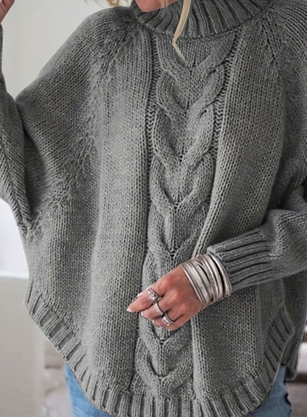 Women's Oversized Cable Knit Jumper with High Neckline