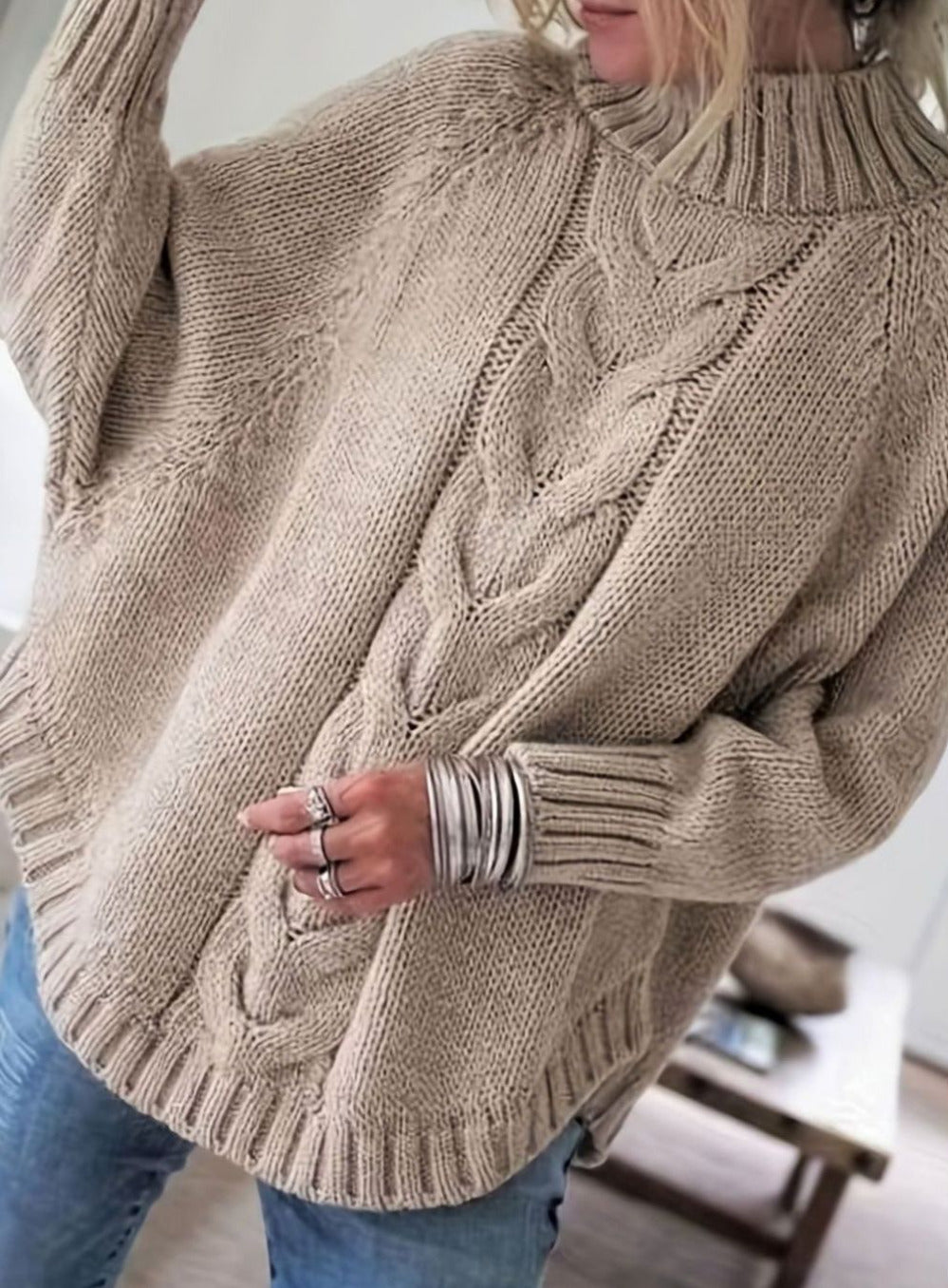 Women's Oversized Cable Knit Jumper with High Neckline