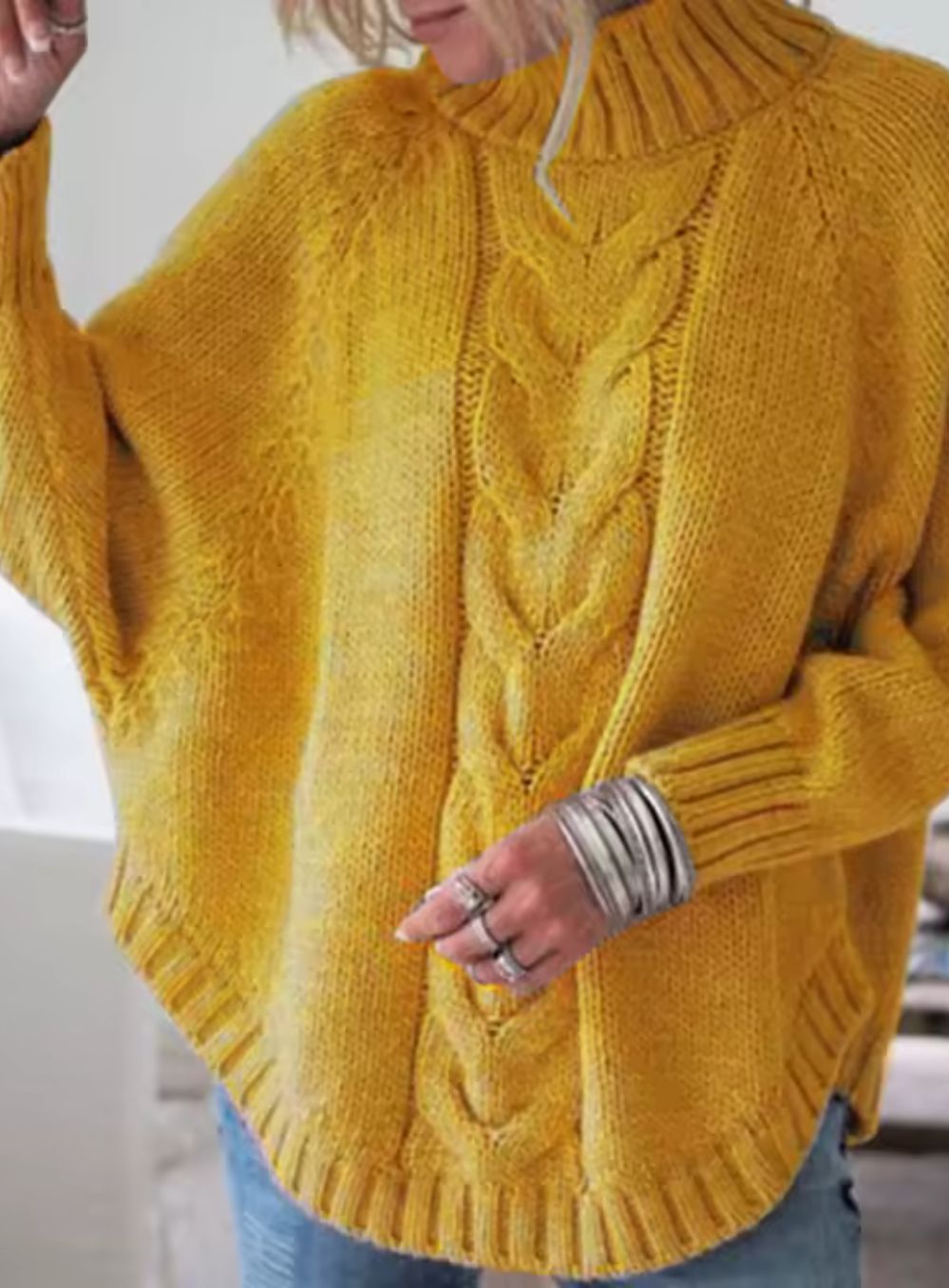Women's Oversized Cable Knit Jumper with High Neckline