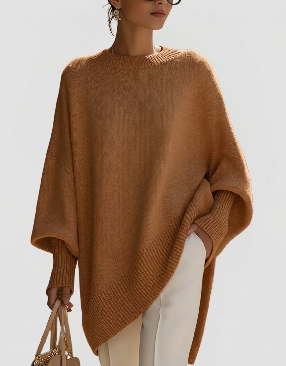 Women's Oversized Knit Jumper with Round Neck and Asymmetric Hem