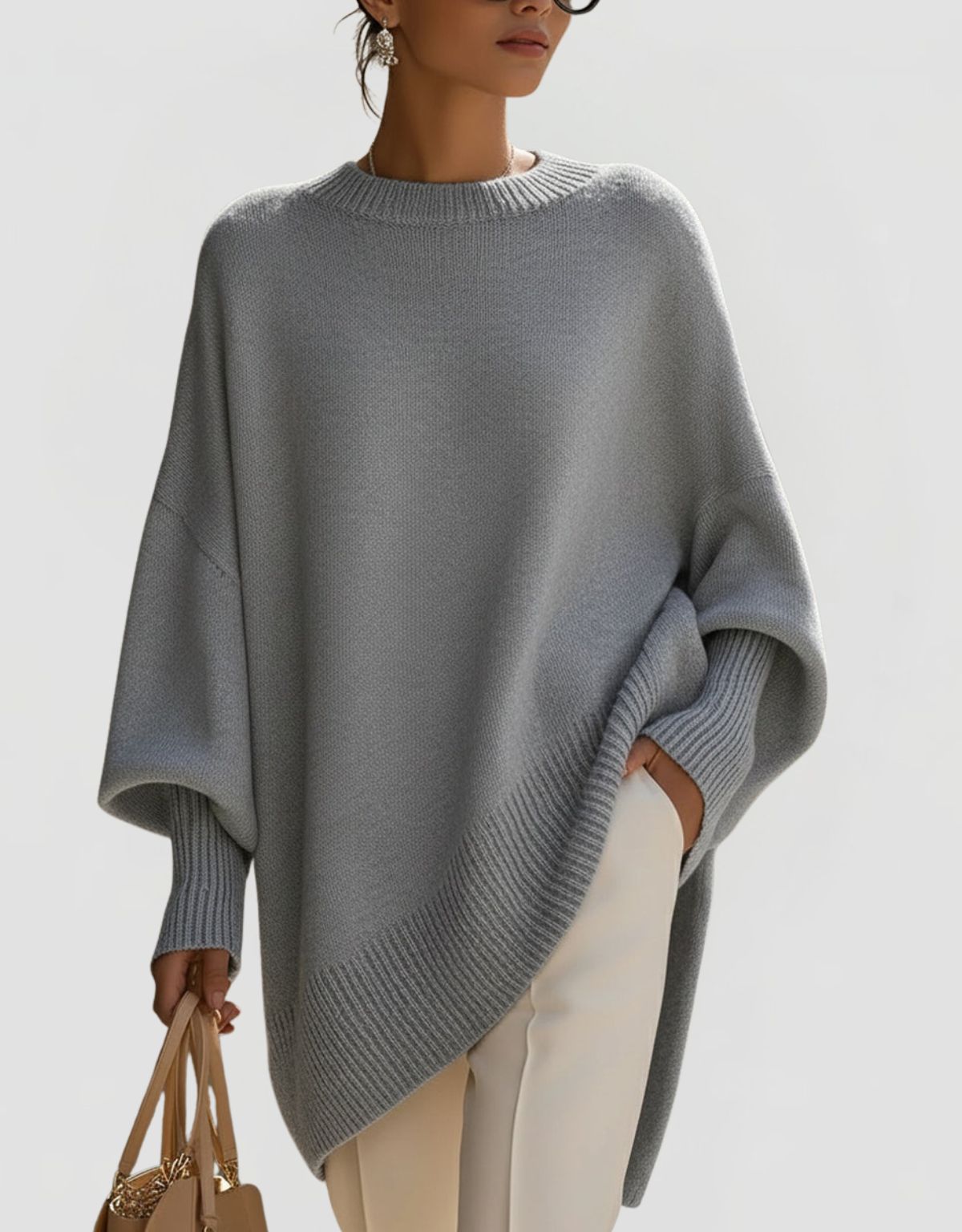Women's Oversized Knit Jumper with Round Neck and Asymmetric Hem