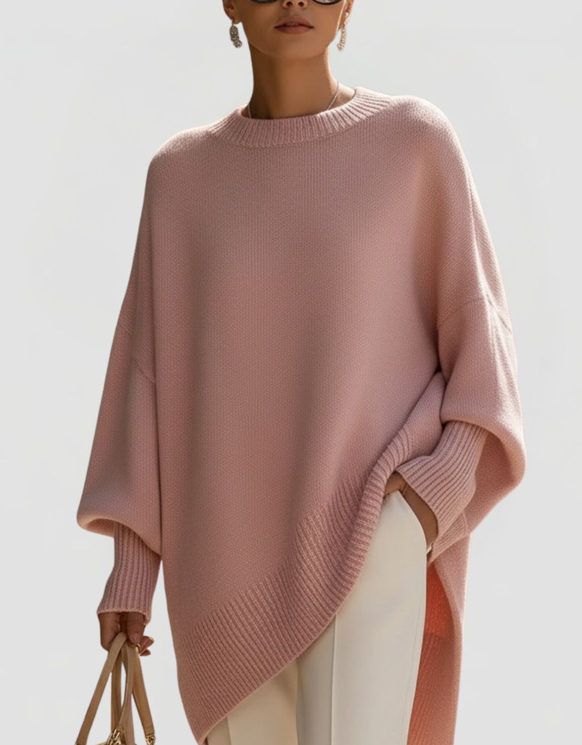Women's Oversized Knit Jumper with Round Neck and Asymmetric Hem