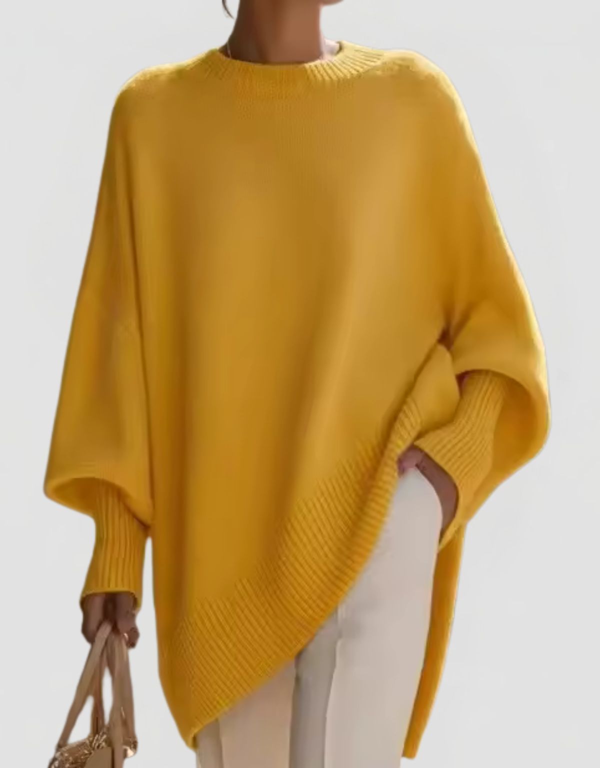Women's Oversized Knit Jumper with Round Neck and Asymmetric Hem