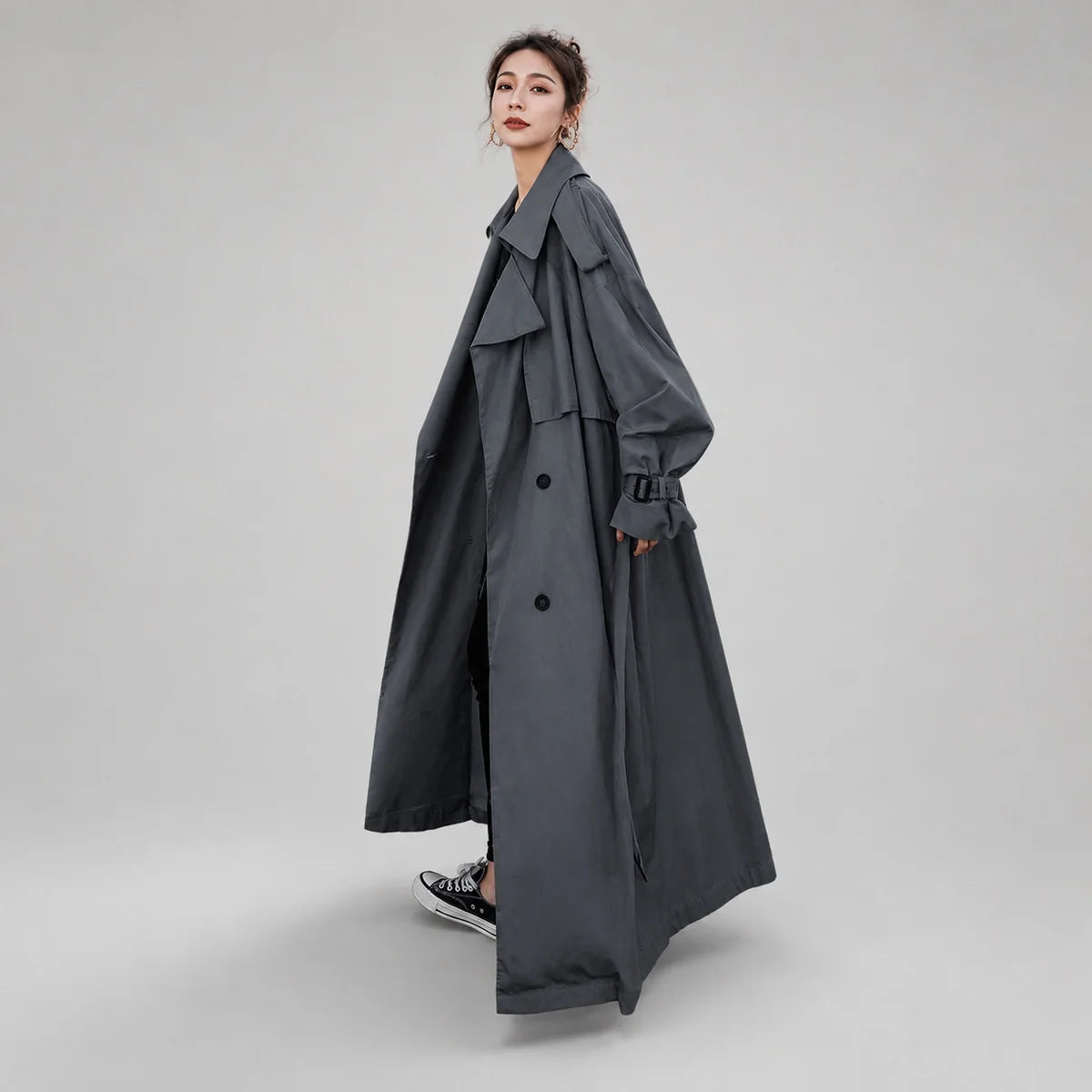 Women's Oversized Long Trench Coat with Belt and Lapel Collar