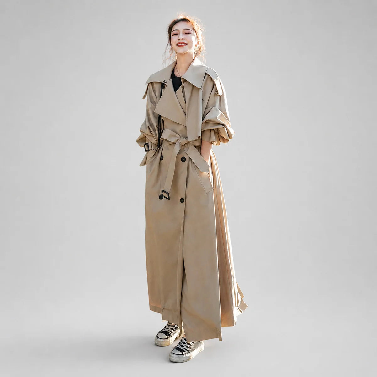 Women's Oversized Long Trench Coat with Belt and Lapel Collar