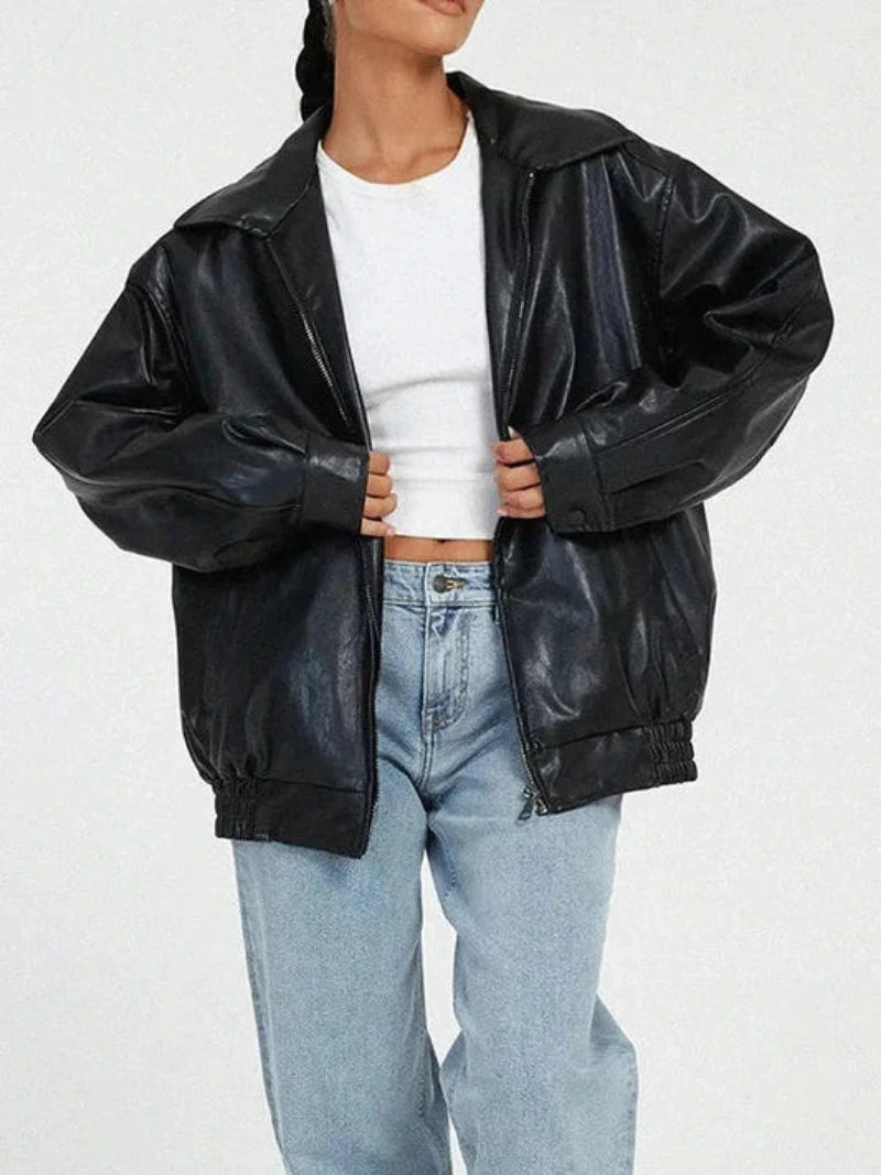Women’s Oversized PU Leather Bomber Jacket with Zipper Front