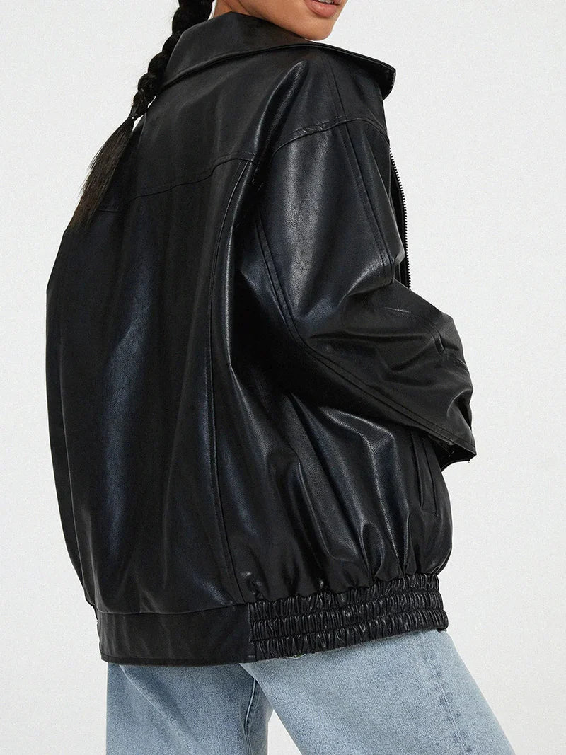 Women’s Oversized PU Leather Bomber Jacket with Zipper Front