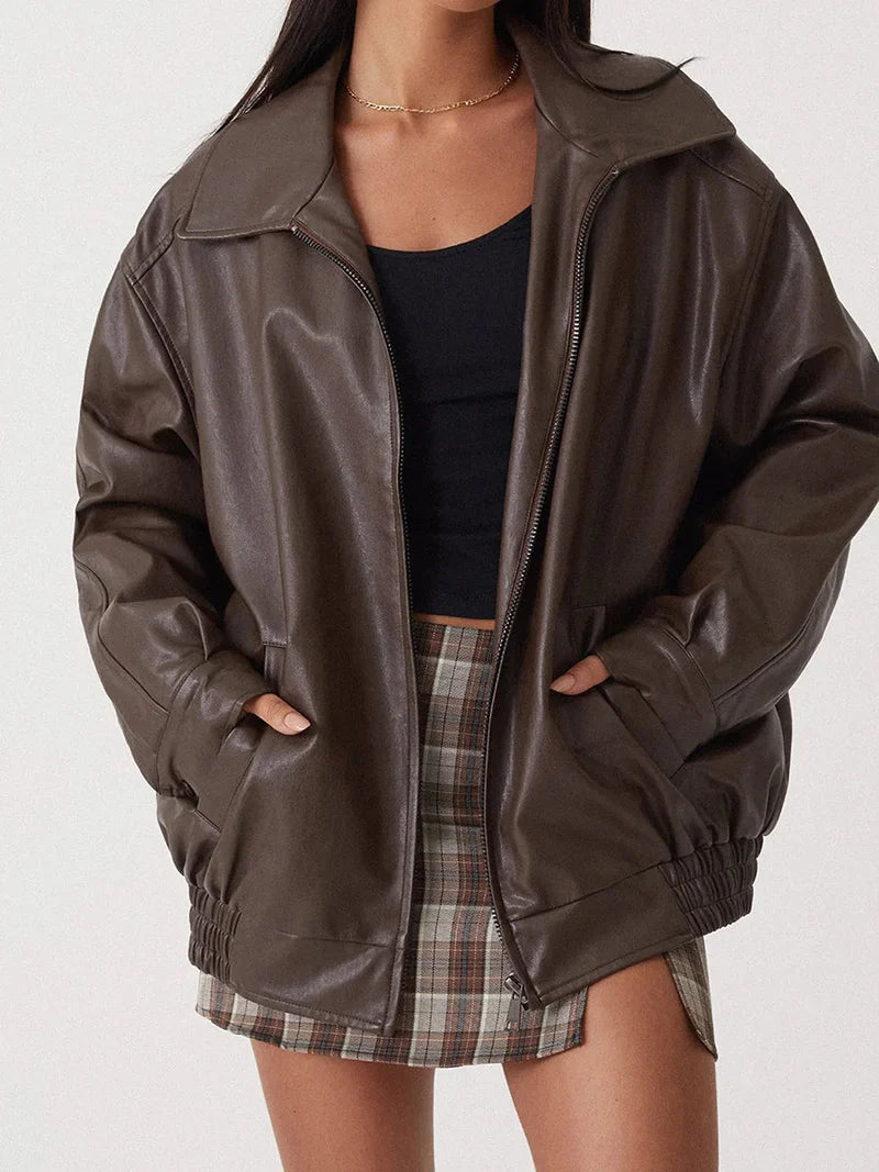 Women’s Oversized PU Leather Bomber Jacket with Zipper Front
