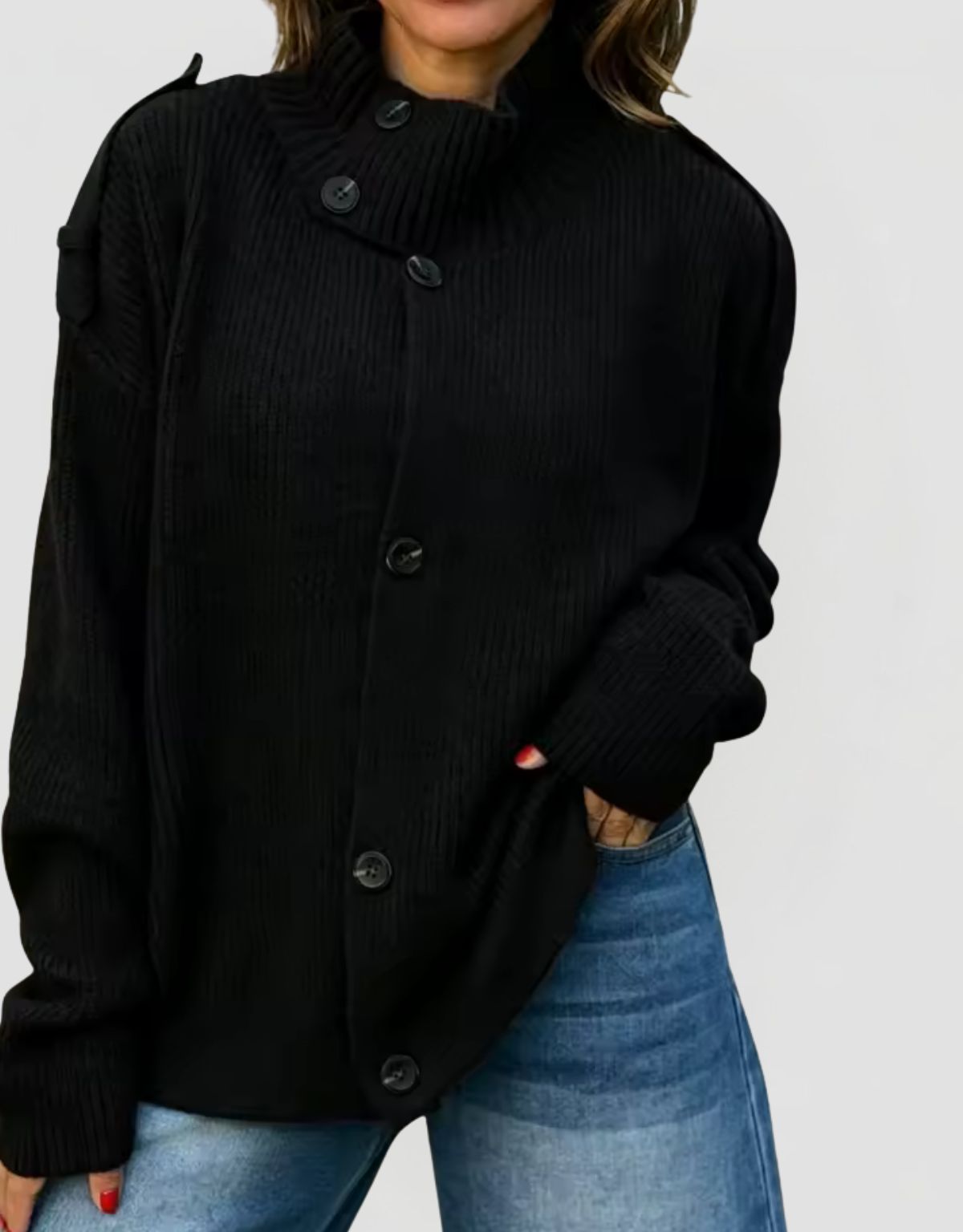 Women's Oversized Ribbed Knit Cardigan with Stand Collar and Button Closure
