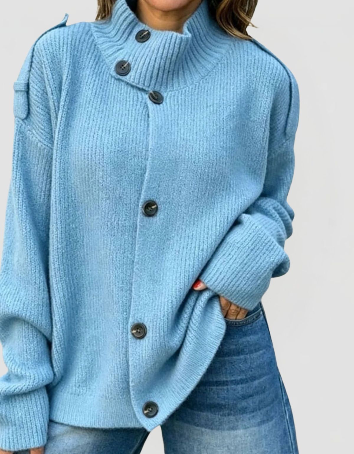 Women's Oversized Ribbed Knit Cardigan with Stand Collar and Button Closure