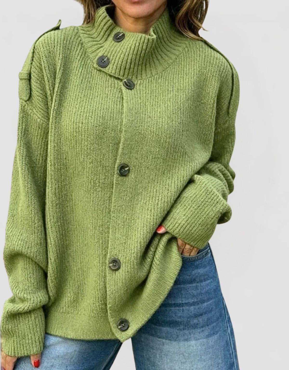 Women's Oversized Ribbed Knit Cardigan with Stand Collar and Button Closure